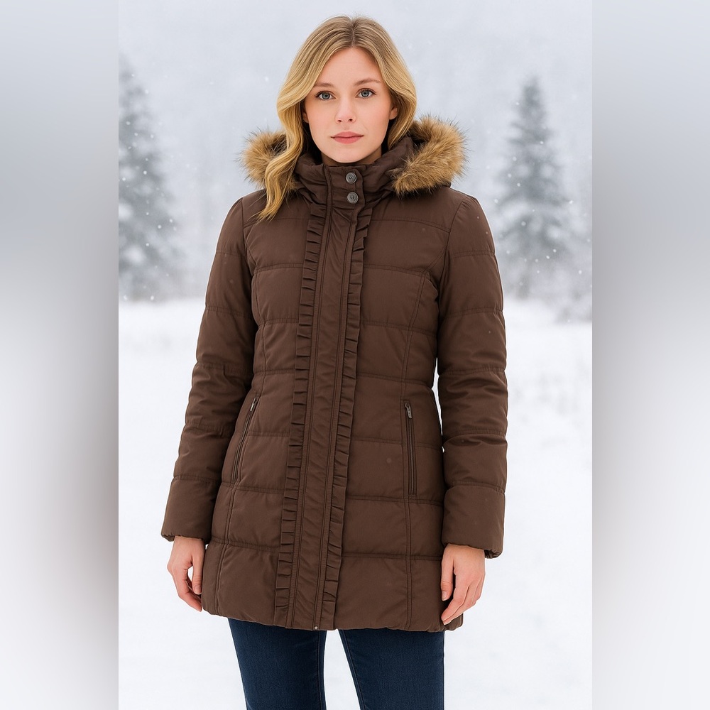 Mac & Jac Women's Brown Down Blend Puffer Coat Jacket Faux Fur Hood Trim Size M